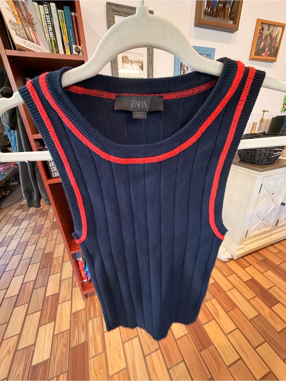 Zara Navy Ribbed Sleeveless Sweater with Red Trim